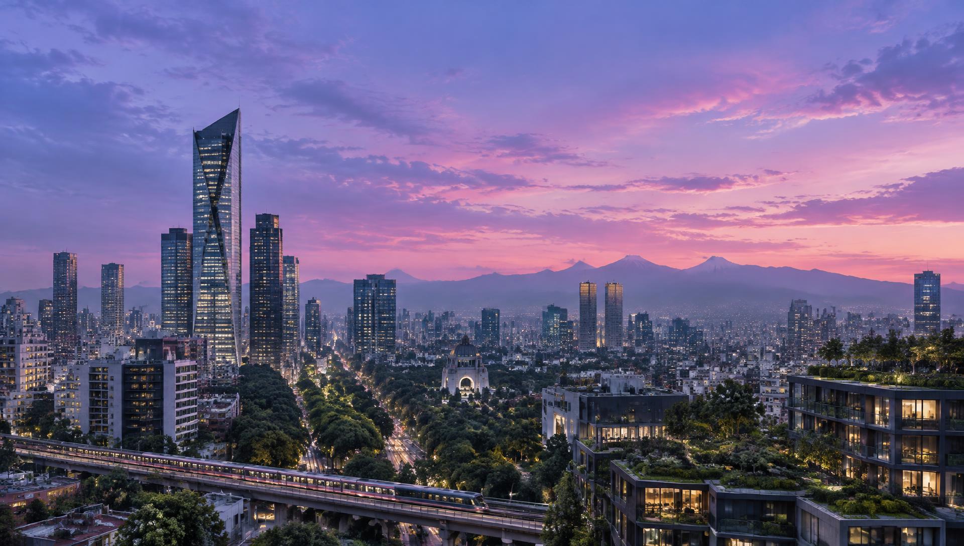 Una visión de la Ciudad de México del futuro al anochecer